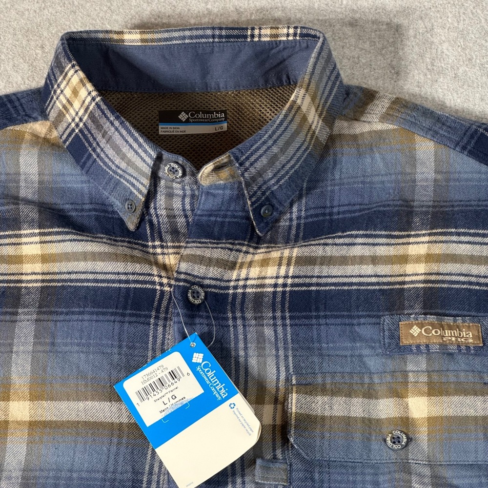Columbia PHG Sharptail Flannel Shirt Mens L Blue Plaid Hunting HM0012-479 NWT